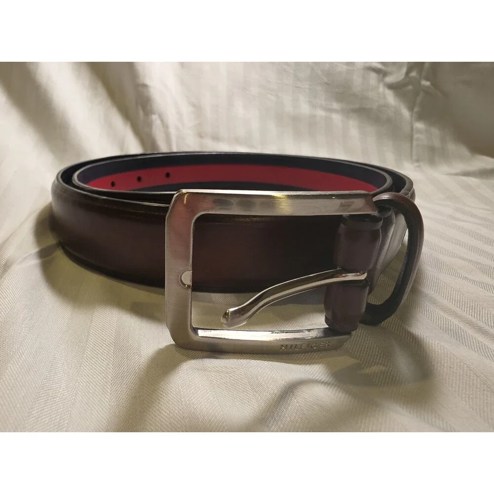 Tommy Hilfiger Leather Belt Mens 36 Brown Silver Buckle Classic Preppy Logo